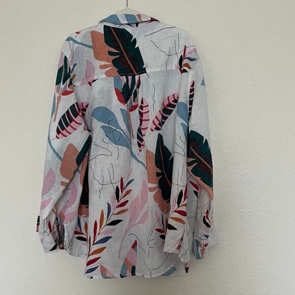 Cynthia Rowley Tropical Floral Ballet Dancer Print 100% Linen Popover Blouse 3X - Picture 2 of 9